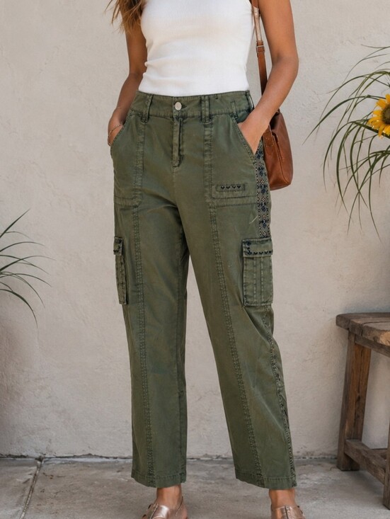 Sundance Pants - Sundance Embroidered Trim Cargo Pants Olive Green Utility Pants 16